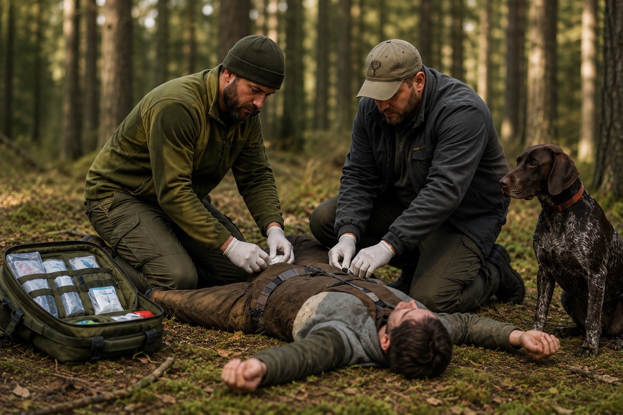Erste-Hilfe-Training für Jäger im Wald